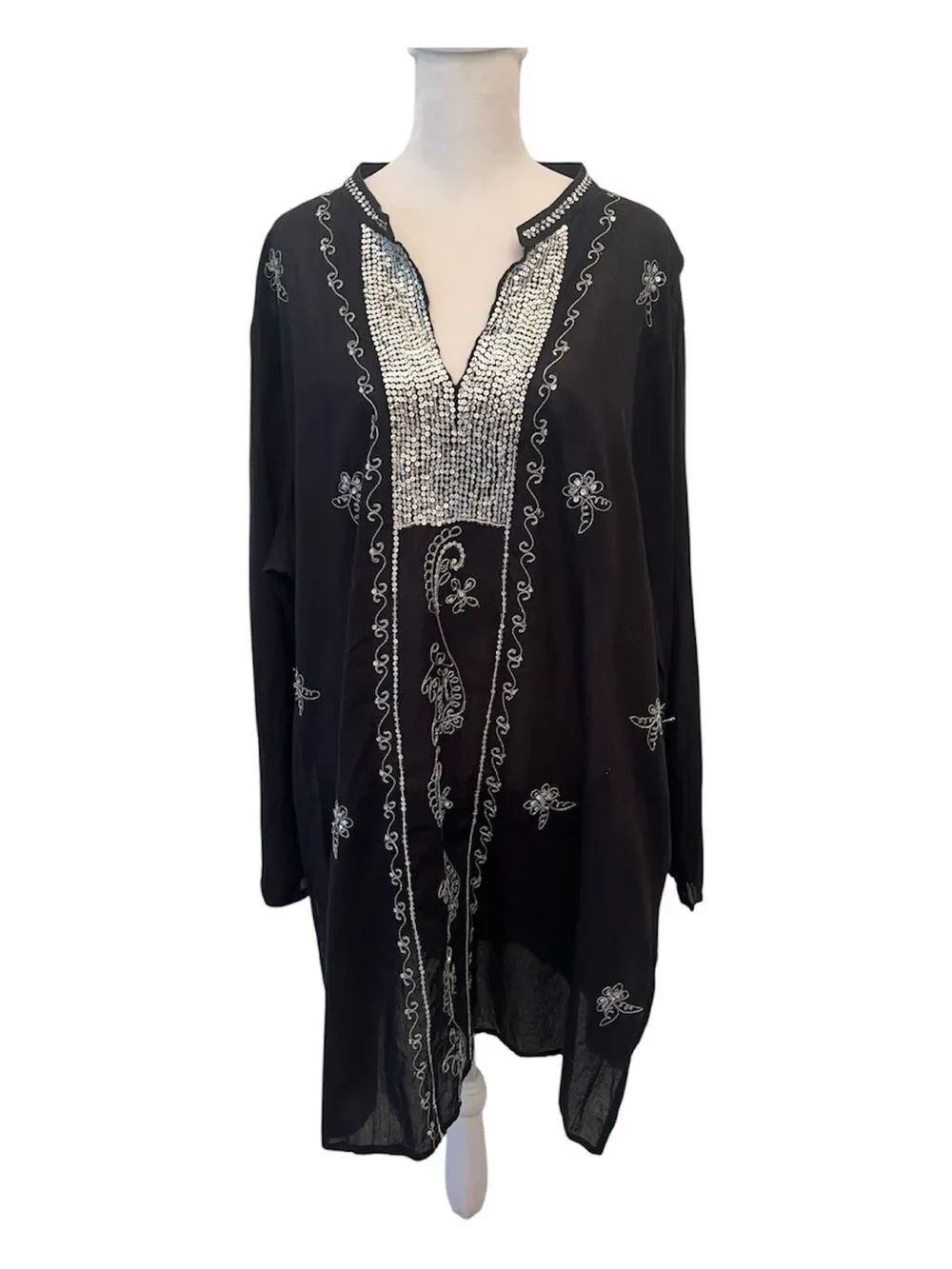 OSFM Sheer Black Long Sleeve Tunic Swim Coverup with Sequins an Side Slits EUC